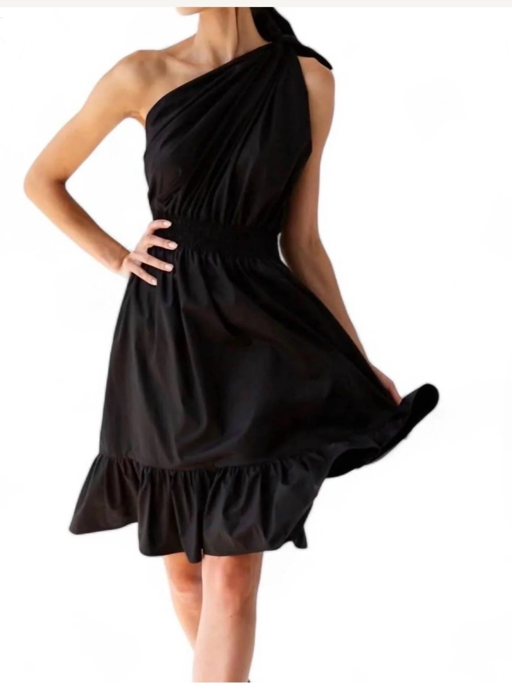 MONICA NERA Black poplin One-Shoulder Ruffle Hem Dress